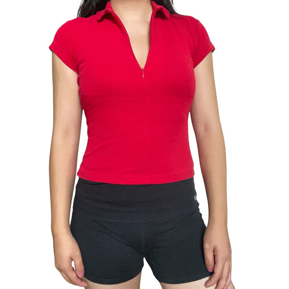 Express Y2K Vintage Red Half Zip Short Sleeve Shirt Top Baby Tee Preppy